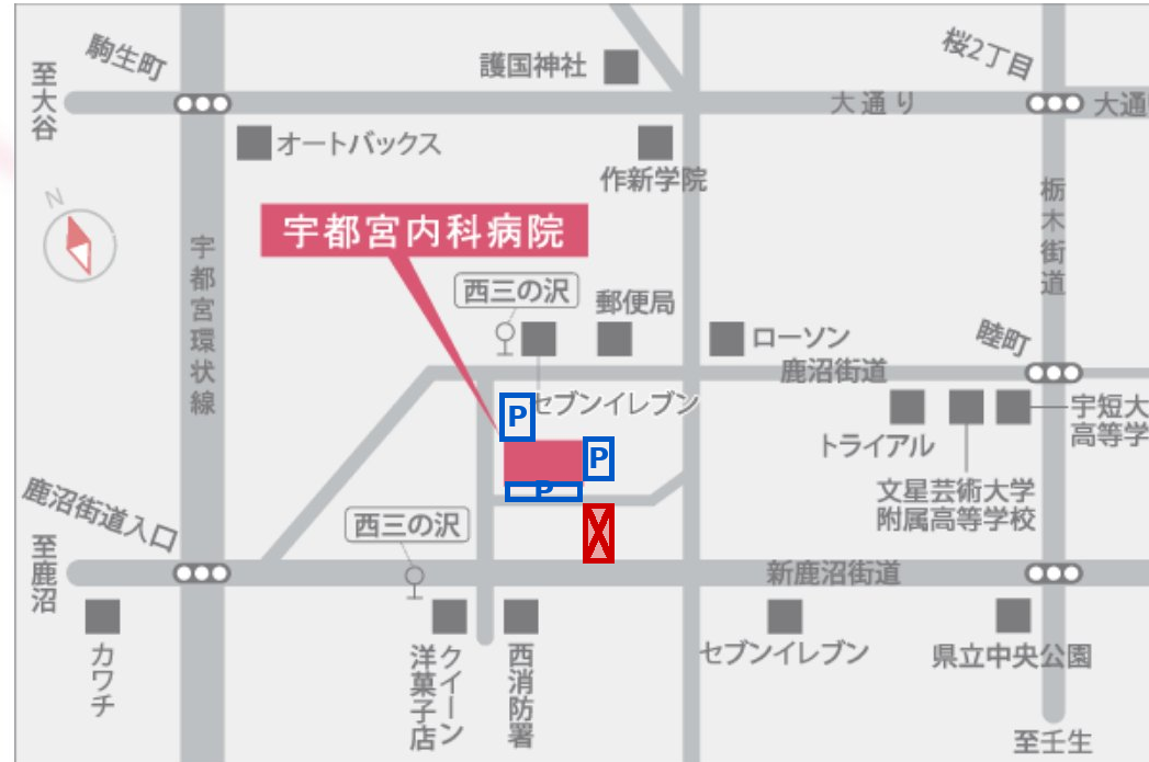 駐車場のご案内図(P=ご利用可/×=南側砂利駐車場は利用不可)